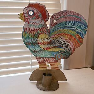 Colorful hand painted metallic chicken rooster candle holder country decor